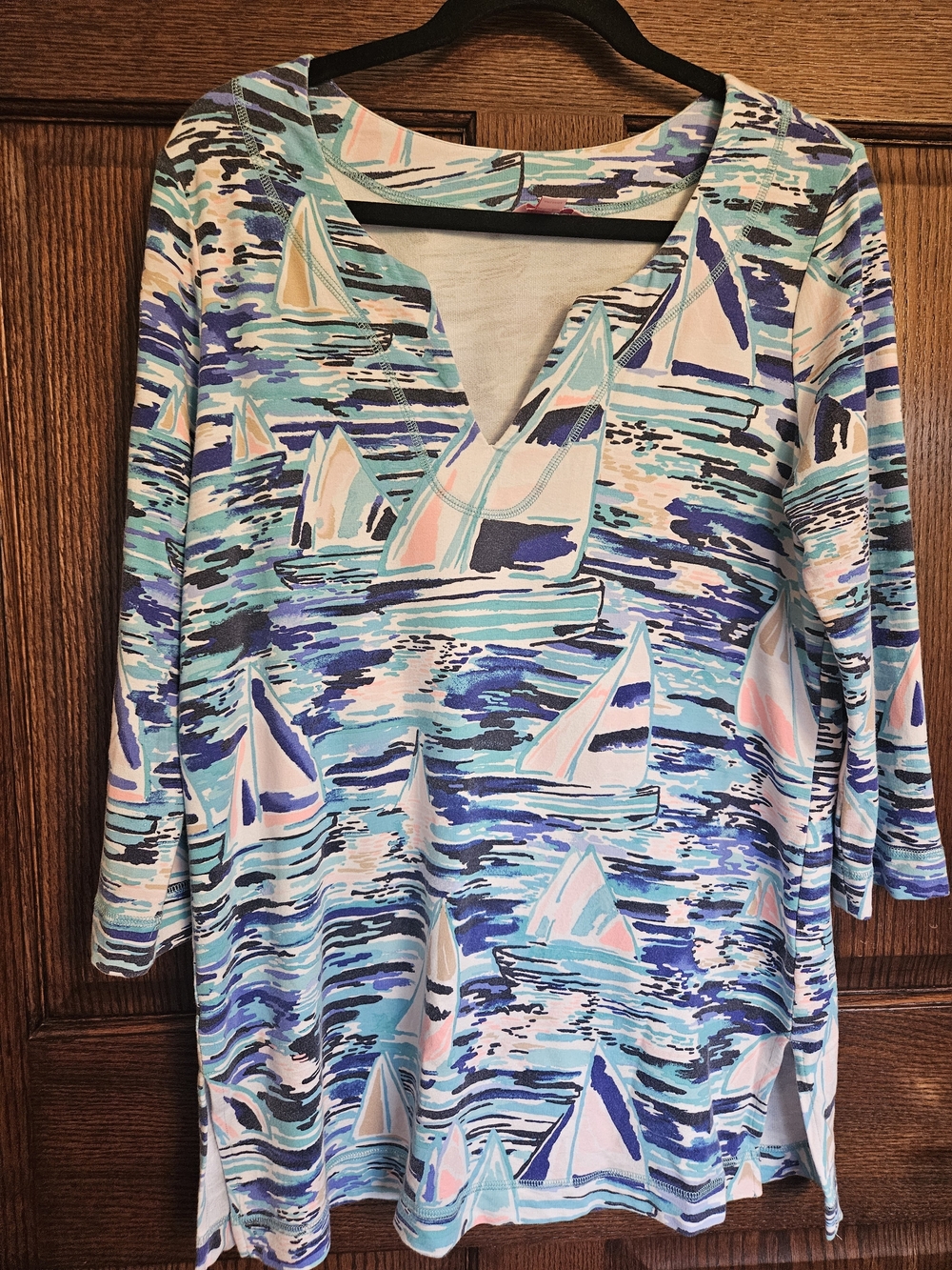 Lilly Pulitzer Aqua, Blue & Pink Sailboat V-Neck Top